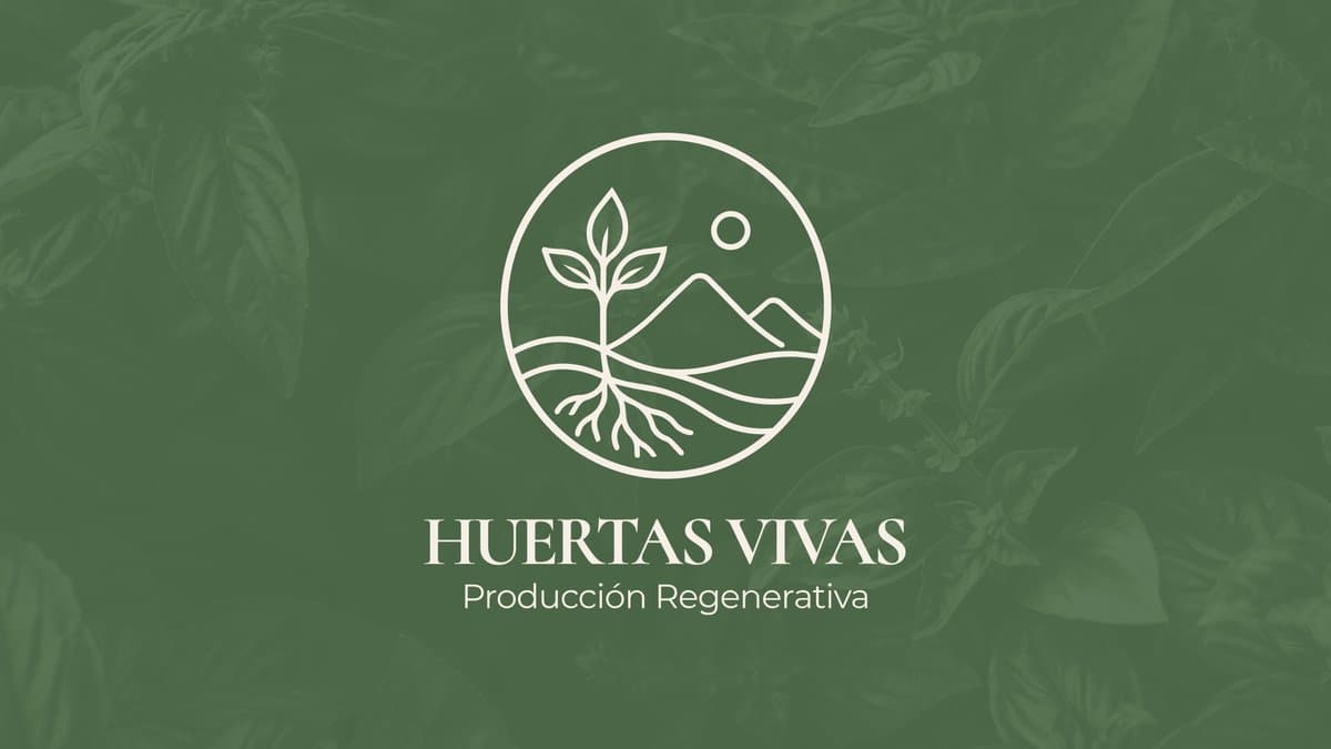 Identidad de marca de Huertas Vivas sobre fondo verde botánico