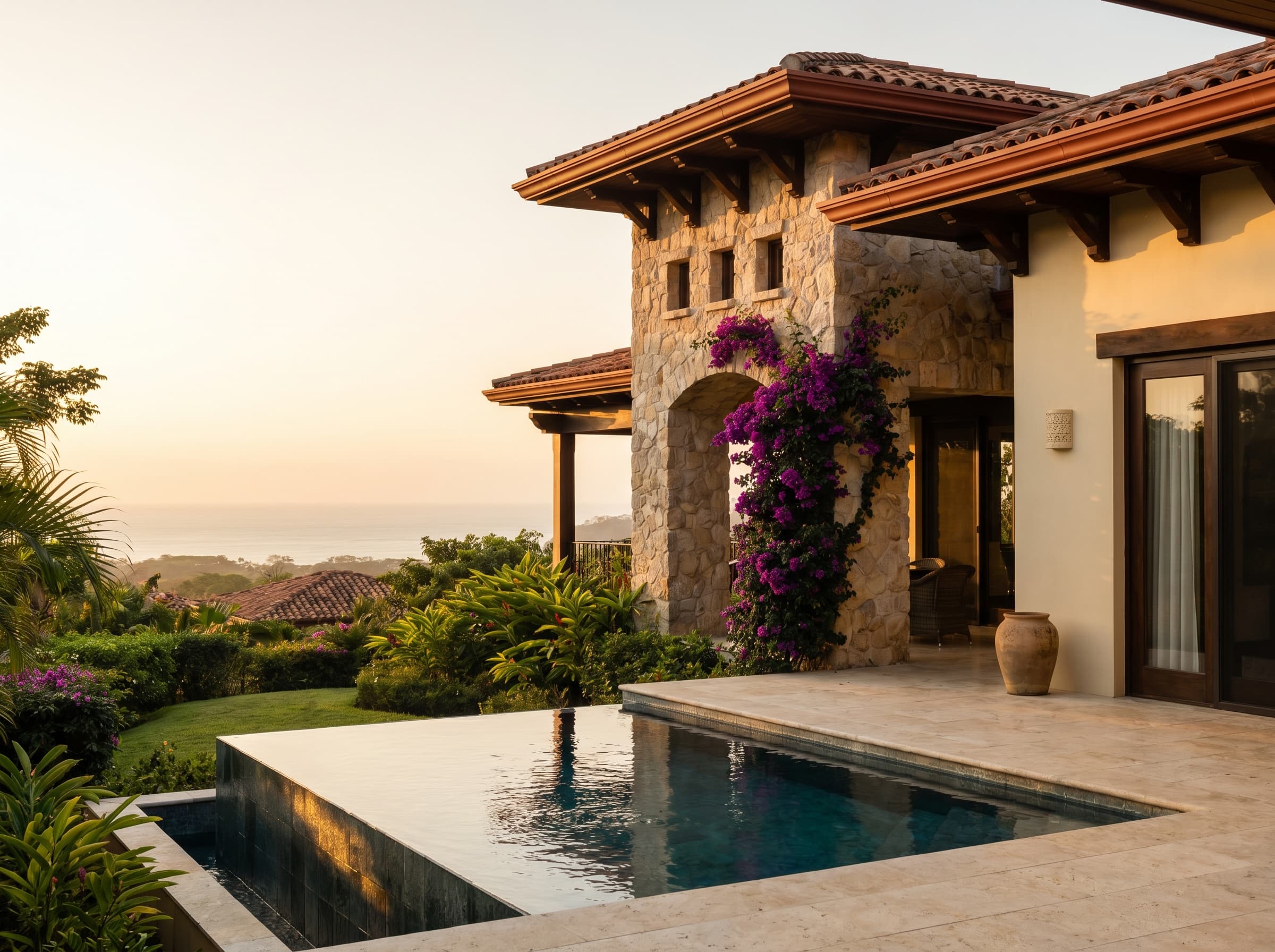 Boutique villa exterior at golden hour