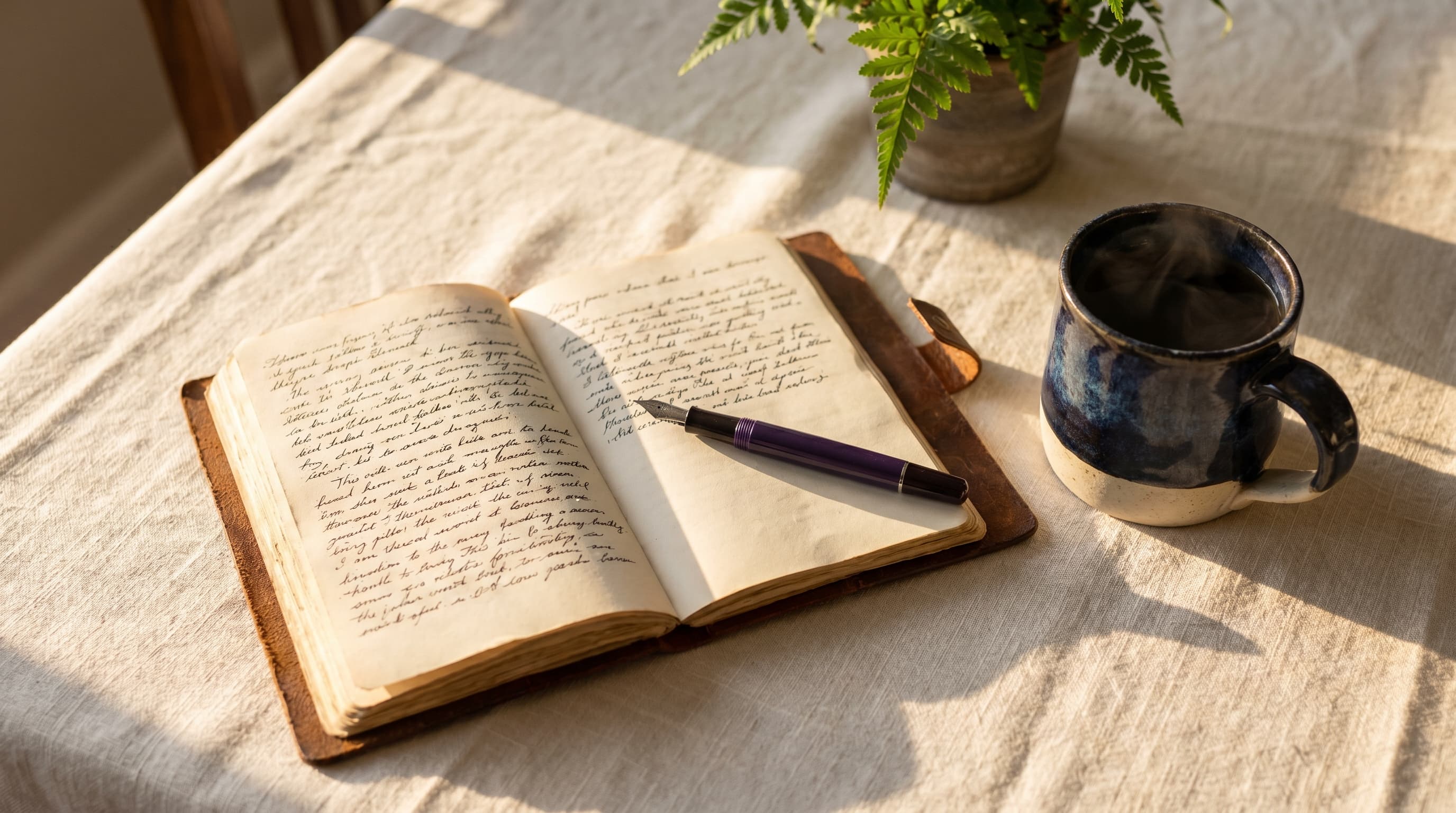Cuaderno de cuero abierto con pluma fuente y taza de café
