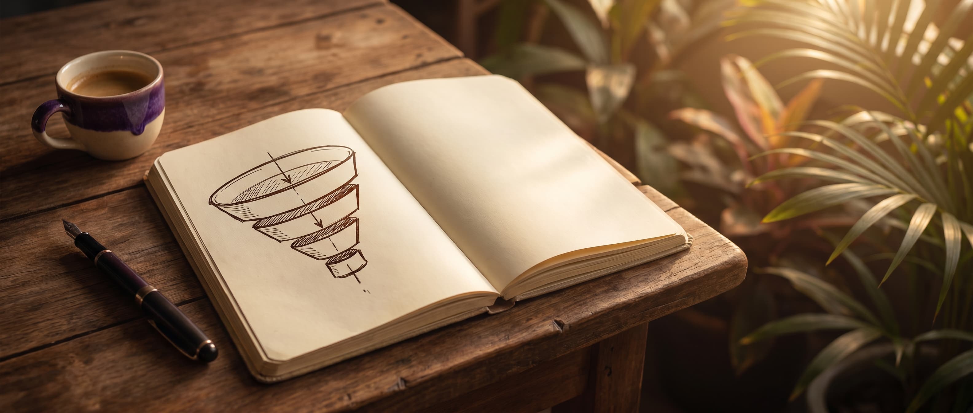 Hand-drawn marketing funnel sketch on a wooden table at golden hour