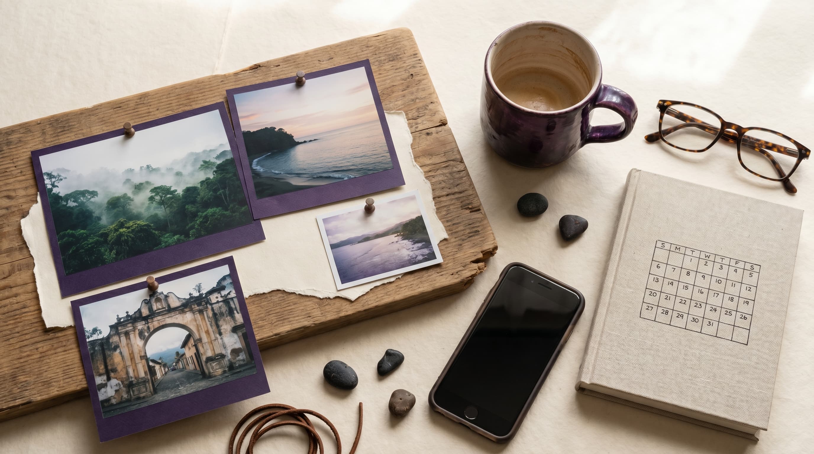 Flat-lay editorial de contenido de redes sociales -- celulares, mood boards, borradores de posts -- en crema y violeta