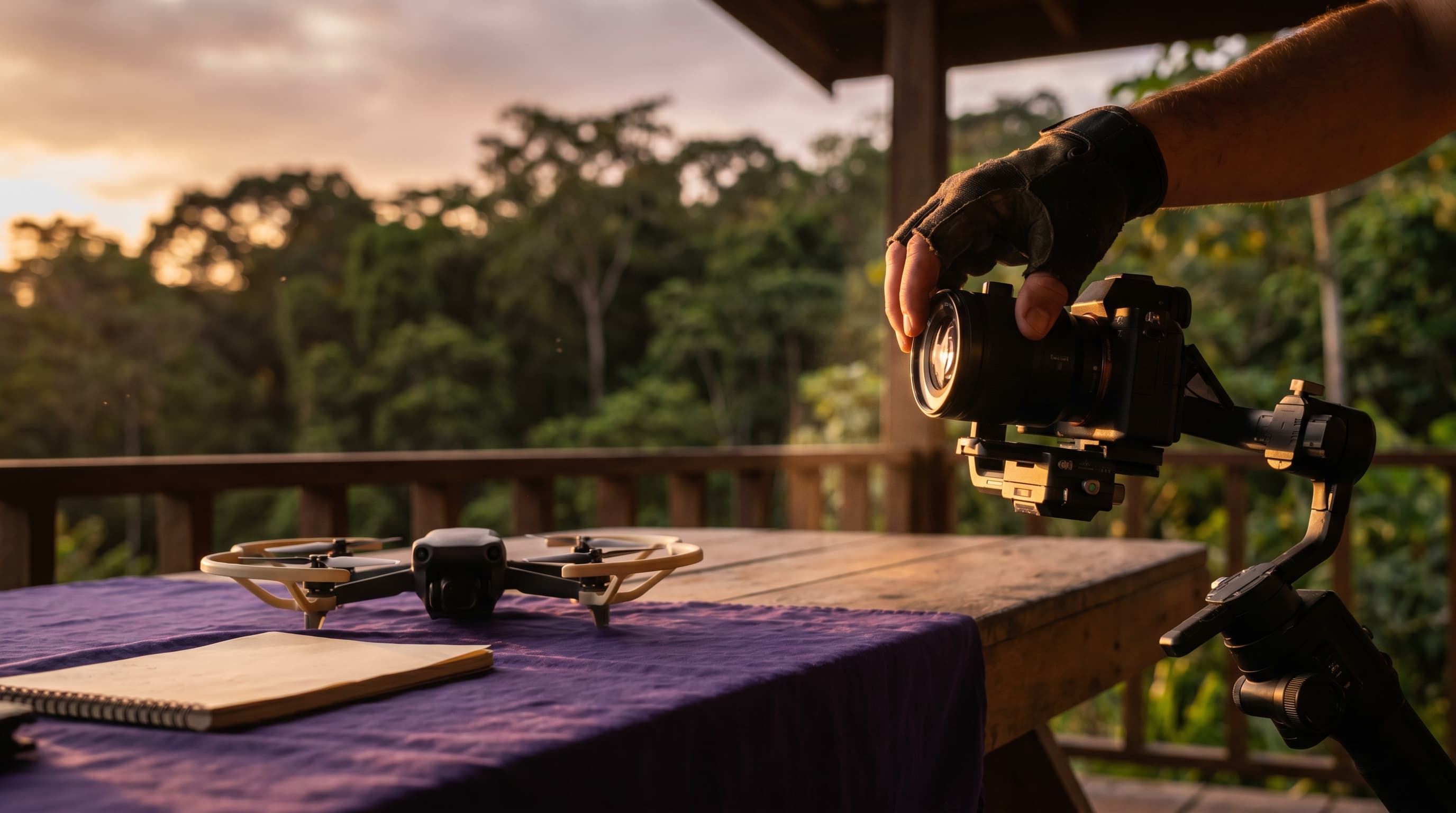 Toma editorial de un setup de video production -- drone, gimbal, locación en hora dorada -- en tonos crema y violeta