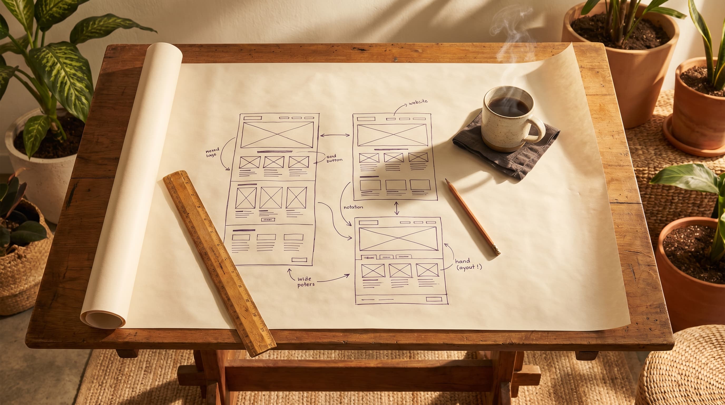 Composición editorial de código, wireframes de diseño y un mockup pulido de sitio en violeta y crema