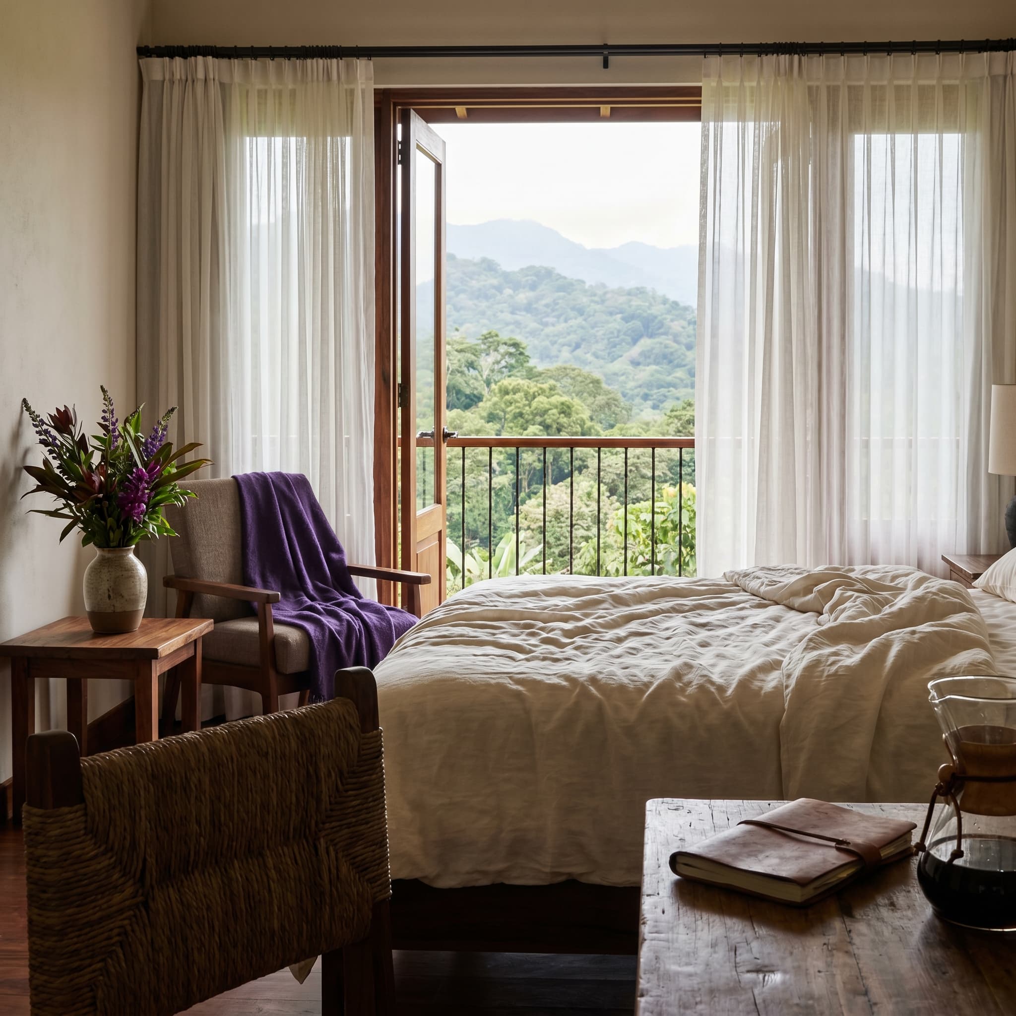 Boutique hotel suite interior with mountain view