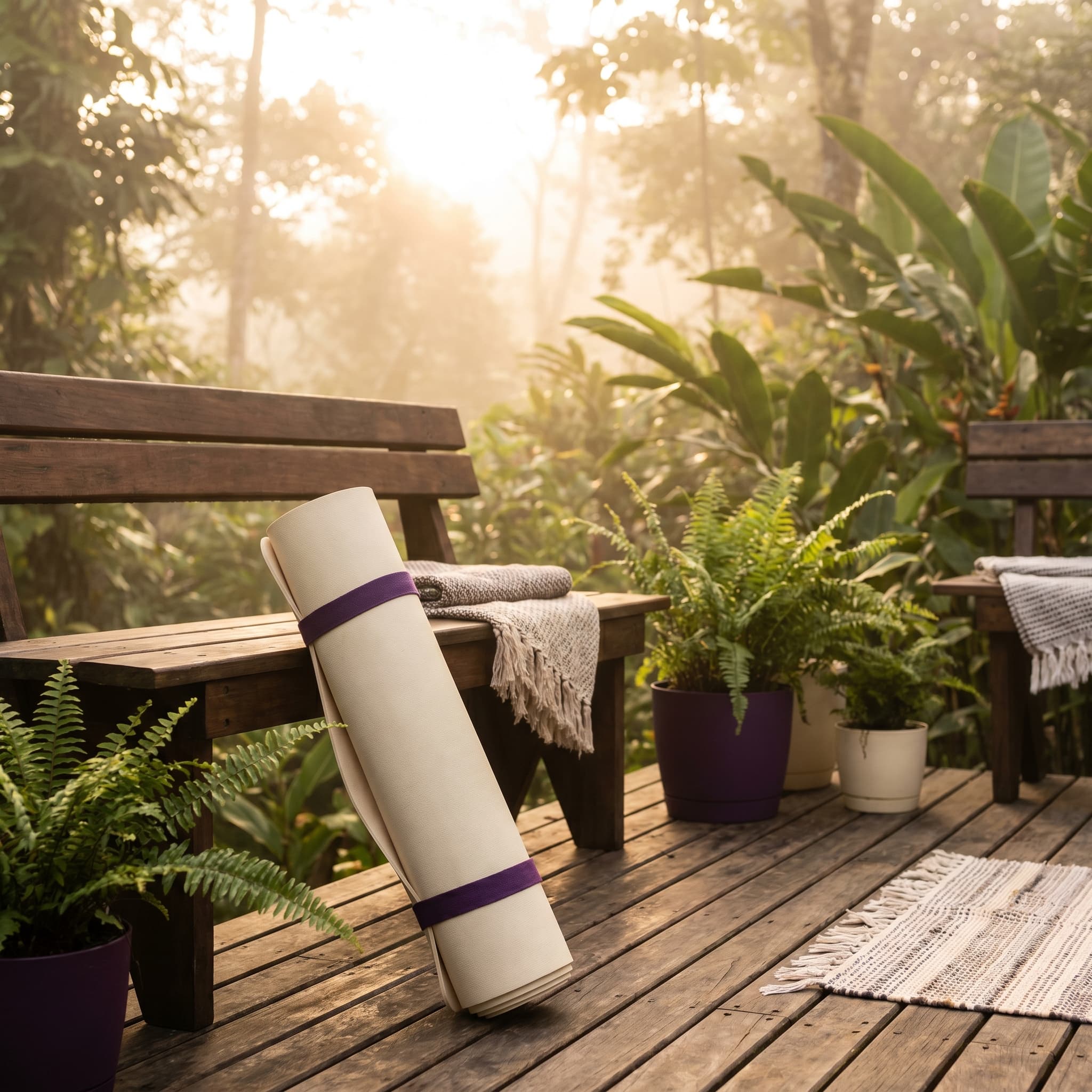 Open-air wooden yoga deck in the Costa Rica jungle at dawn